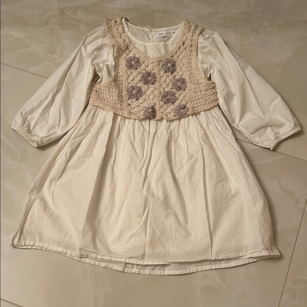 Zara Cream Dress with Beige Crochet Vest and Gray Floral Accents